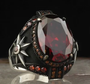 Zircon Stone 925 Sterling Silver Men's Ring Turkish Handmade Natural Stone - Picture 1 of 3