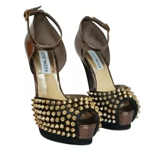 Steve Madden Obstcl-S schwarz bronze Nieten zehenfrei Absatz goldene Spikes Damen 7M - Bild 1 von 8