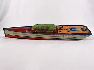 Vintage 1950-60's Lindstrom Tin Wind-up Collectible 14" Toy Speed Boat w/ Key - Picture 1 of 9