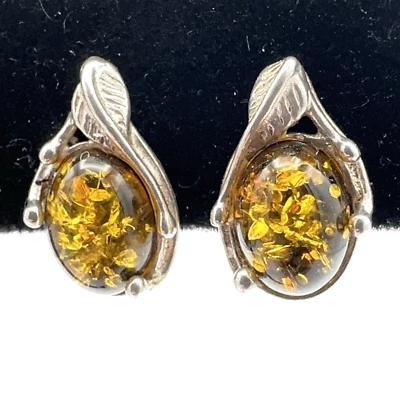 Pendientes ÁMBAR LIMÓN - Plata de Ley Hoja Ornamentada Ajuste Cabujón .5" Foto 1 de 4