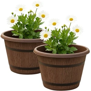 Cask Wood Effect Plastic Garden Planter 6L Barrel Pot - 2/5/10 Pack Flower Tub - Picture 1 of 6