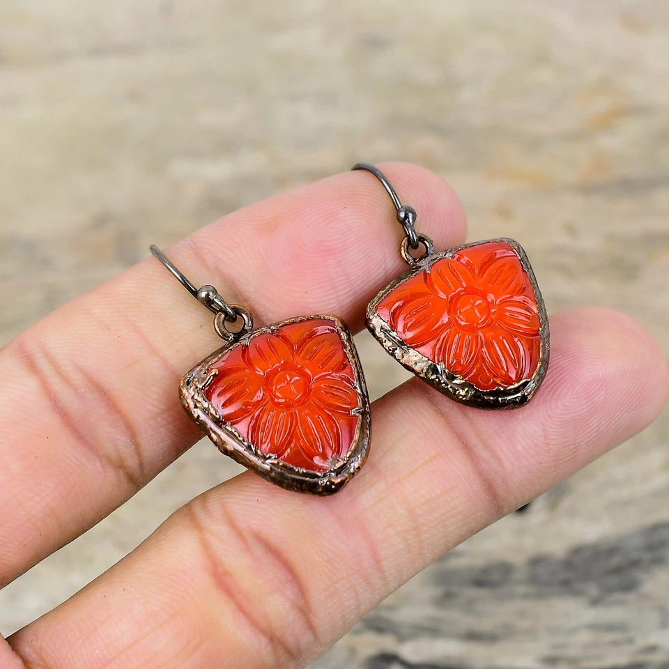 Copper Trillion Carved Red Onyx Gemstone Electroformed Bezel Dangling Earrings - Image 1 of 4