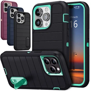 For iPhone 13/13 Pro Max Heavy Duty Shockproof Case Back Kickstand Phone Cover - Picture 1 of 63