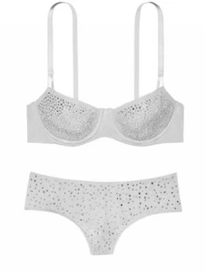 Victoria Secret Silver Bra Panty Set Embellished Crystal Dream Angels 34C M 10 - Picture 1 of 6
