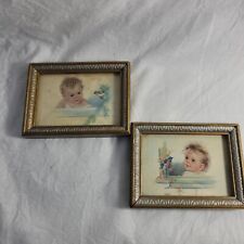 Vintage Pair of Nursery Prints 1940 - Infant Baby at Window Bluebird Flowers