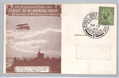 GB KGV *FIRST UK AERIAL POST* 1911 Card 13th Sept CDS *W.T.Wilson* Cachet YD48 - Image 1 of 4