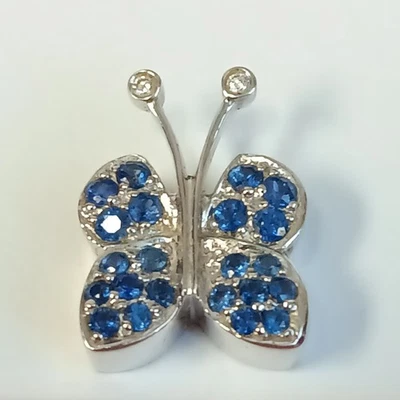 Solid 14K White Gold Butterfly Pendant Sapphire Diamond  - Image 1 of 4