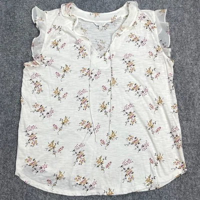 Lucky Brand  Top Womens Large Cream Floral Print Ruffle V Neck Flutter Sleeve - Image 1 of 4