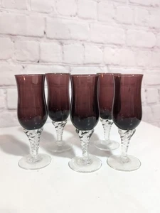 Vintage Amethyst Hand-Blown Cordial Glasses Set of 5 Twisted Clear Stem Liqueur - Picture 1 of 5