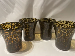 4 Hand Blown Art Glass Studio Leopard Amber Black Spotted Tumblers 4 1/2” Tall - Picture 1 of 4