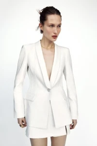 ZARA NWT ECRU FITTED SHOULDER PAD BLAZER SIZE S - Picture 1 of 12