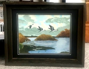 *THREE DUCKS FLYING OVER MARSH* ON CANVAS BOARD- SIGNED, RECLAIMED FRAME & MAT - Picture 1 of 20