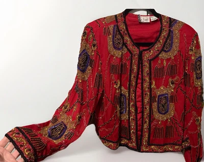 Chaqueta Top Borla Cordón Noche Pequeña XXL De Colección Años 80 90 Laurence Kazar Seda Cuentas Foto 1 de 4