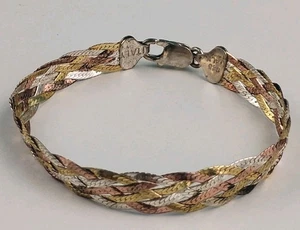 Sterlingsilber Armband 8 Zoll dreifarbig geflochten Mesh Kette Vintage Italien  - Bild 1 von 9