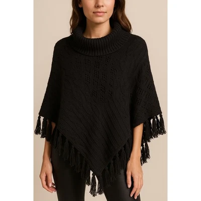 Poncho Borla Tejido Cable Capucha Cuello Negro Suéter Capa Boho Capas Otoño Invierno Foto 1 de 4
