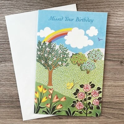 BELATED BIRTHDAY Vtg CARLTON CARDS Greeting Nature Scene Tree Flowers Rainbow - Image 1 of 4
