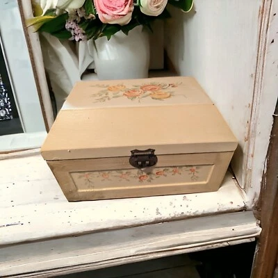 Vintage Cottage Core Painted Roses Jewelry Box Trinket Chest Wood Hinged 10"x 6" - Image 1 of 4
