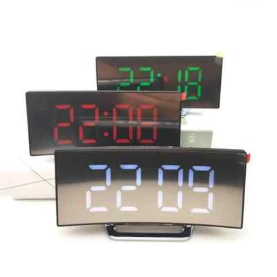LED Digital Alarm Clock Curved Mirror Large Display USB Bedside Table Desk Clock - Image 1 of 4