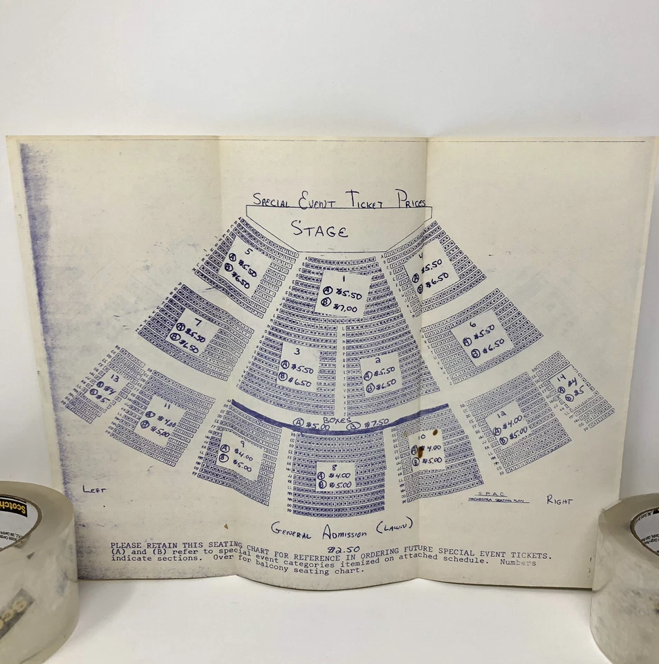 SPAC Saratoga Artes Escénicas Saratoga NY Vintage 2 Caras Asientos Tabla de Precios Foto 1 de 4