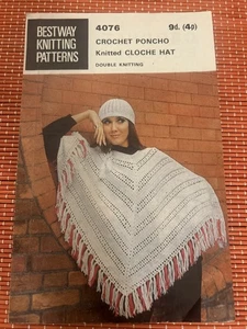 WOMENS VINTAGE CROCHET PONCHO CAPE CLOCHE HAT 34”-38” VTG KNITTING PATTERN 4076 - Picture 1 of 2