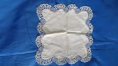 Napperon ancien - Lin et dentelle - Carré - Blanc - Photo 1/2