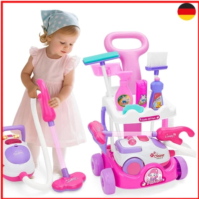 deAO Kinderstaubsauger Set mit Saugfunktion, 11-teiliges Putzset Kinder mit