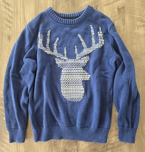Gymboree Boy's Blue And White Reindeer Head Holiday Sweater Size Medium 7-8 - Picture 1 of 5