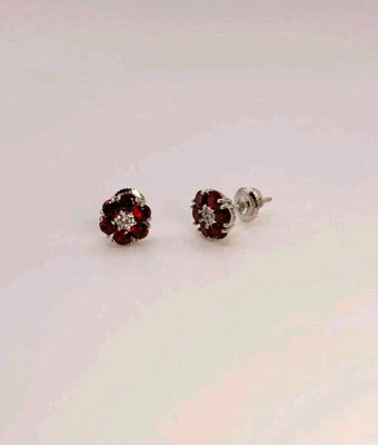 Natural Ruby And Diamond Cluster Flower Stud Earrings 1.80 Ctw 14k White Gold - Image 1 of 4