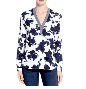 Blusa Pullover Halógena Blanca Azul Floral Informal Manga Larga Cuello en V Talla Pequeña - Imagen 1 de 9
