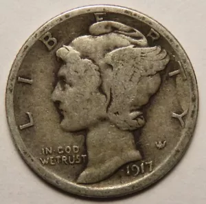 1917 S Mercury Dime circulated 90% Silver Very Good VG to Fine F - Picture 1 of 2