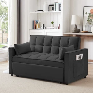 Convertible Sofa Bed Pull Out Love Seat 3-in-1 Sleeper 2 Pillows Included Black - Picture 1 of 8