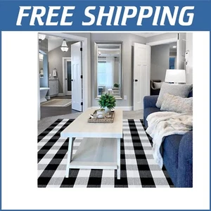 Eco-Friendly Buffalo Plaid Rug 5'x8' - Washable Cotton for Farmhouse Living - Picture 1 of 10