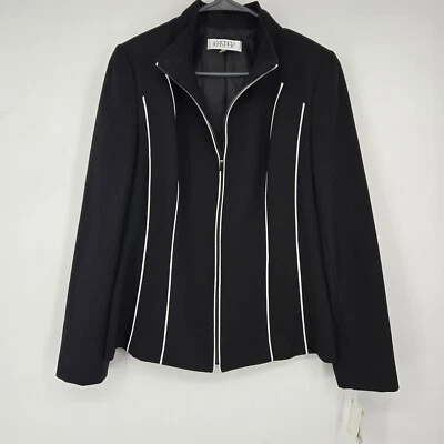NUEVO CON ETIQUETAS Chaqueta Kasper Negra Talla 8 Mujer Cremallera Completa Forrada Negro Piping Blazer Foto 1 de 4
