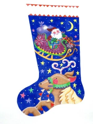 Needlepoint  Alice Peterson Christmas Stocking Santa in Sleigh and a reindeer  - Image 1 of 4
