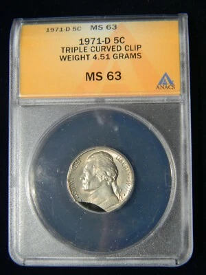 1971-D JEFFERSON NICKEL 5C TRIPLE CLIPPED AT K=7:00(10%), 4&10(RIM), ANACS MS-63 - Image 1 of 2