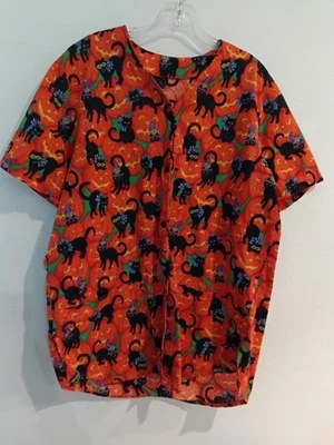 Halloween Scrub Top Black Cats N Pumkins Large 24/28L - Image 1 of 4