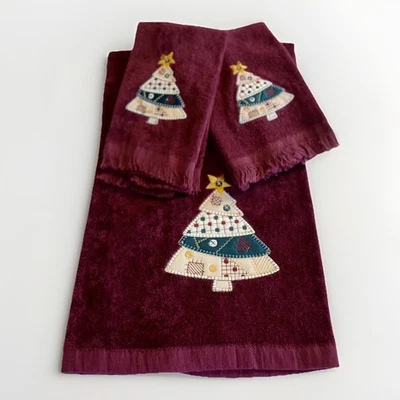 Juego de 3 toallas decorativas de colección granate con flecos para árbol de Navidad de baño para invitados Foto 1 de 4