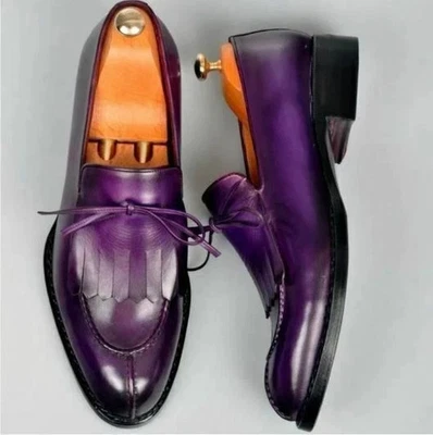 NewBespoke Handmade Goodyear Welted Purple Leather Slip On Moccasin Party Shoes - Image 1 of 4