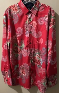 De Niko Milano Shirt Mens XL Red Floral Paisley Button Up - Picture 1 of 10