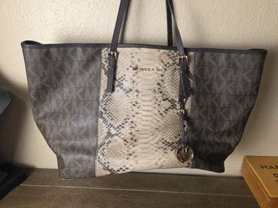 Michael Kors Large Women's Tote Bag Brown And Beige Logo and Snake Print - Image 1 of 4