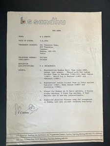 BALWINDER SINGH SANDHU - INDIAN CRICKETER - ONE PAGE TYPED & SIGNED LETTER - Picture 1 of 1