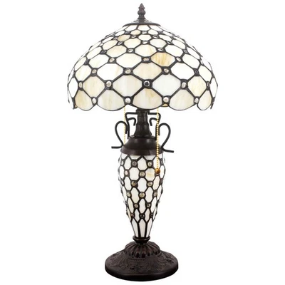 Tiffany Style Table Lamp Cream Stained Glass Crystal Bead Lamp 12X12X22 Inche... - Image 1 of 4