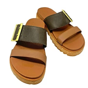 Sore Roaming Buckle Velvet Tan Platform Slide Sandals Womens Size 6 - Picture 1 of 11