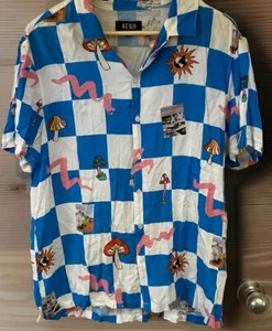 Kenji Blue White Check With Trippy Graphic Prints-Comfy-Casual-Weekend-Size XL - Picture 1 of 15