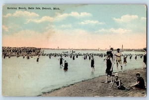 Detroit Michigan MI Postcard Bathing Beach Belle Isle Water Step Sailboat Shore - Picture 1 of 2
