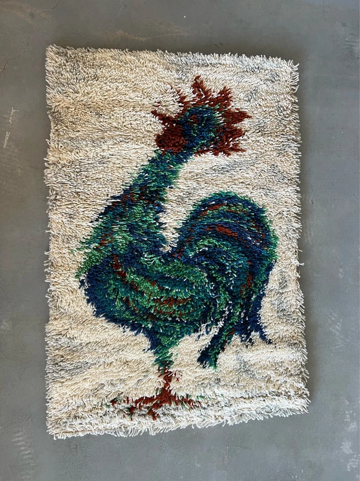 20 世纪 60 年代 AIDA Rooster Cock Off 白色未使用 中世纪 Rya 地毯现代羊毛 — 第 1/4 张图片