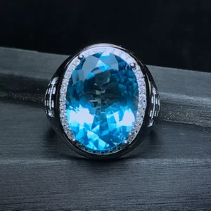 12CT Mens Sky Blue Topaz Ring 925 Sterling Silver VVS Grade 12x16mm - Picture 1 of 7