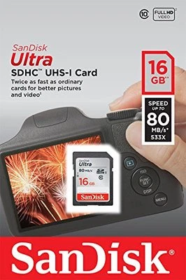 SanDisk 16 GB Ultra SDHC SDXC SD Class 10 80MB/S High Speed 533X Card UHS-I HD - Image 1 of 3