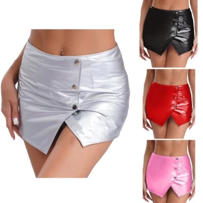 UK Women's Sexy Shiny Metallic Split Mini Skirt Low Waist Buttons Skirt Clubwear - Image 1 of 4