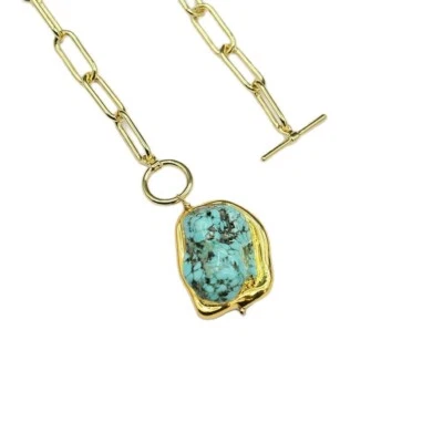 Gold Plated Chain Chokers Necklace Blue Turquoise Pendant Designer Gems Jewelry - image 1 of 4